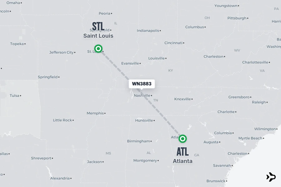 WN3883 flight map from STL to ATL