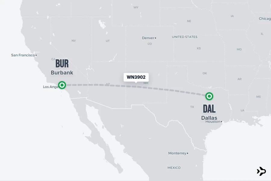 Flight Rime WN3902 Southwest Flight Status & Tracker | Burbank - Dallas