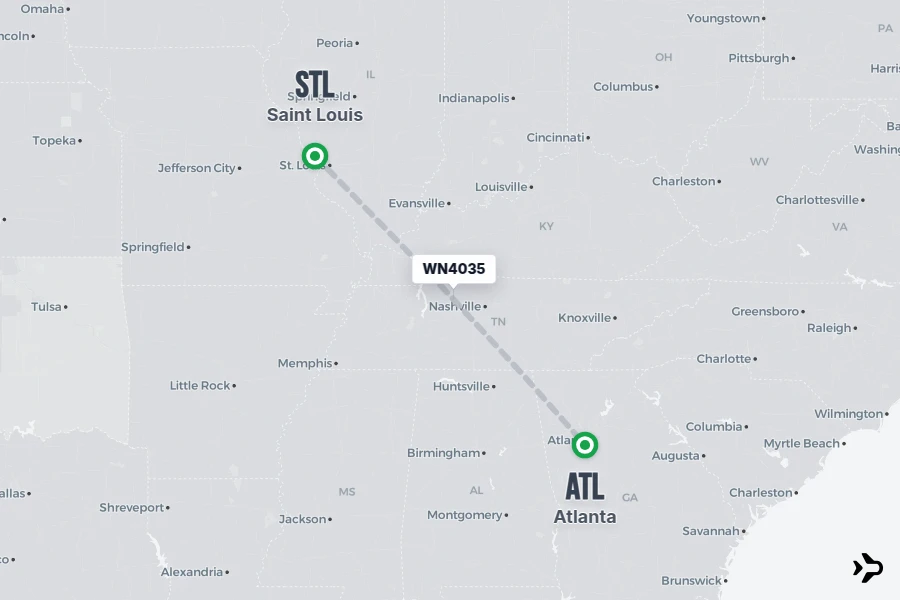 WN4035 flight map from STL to ATL