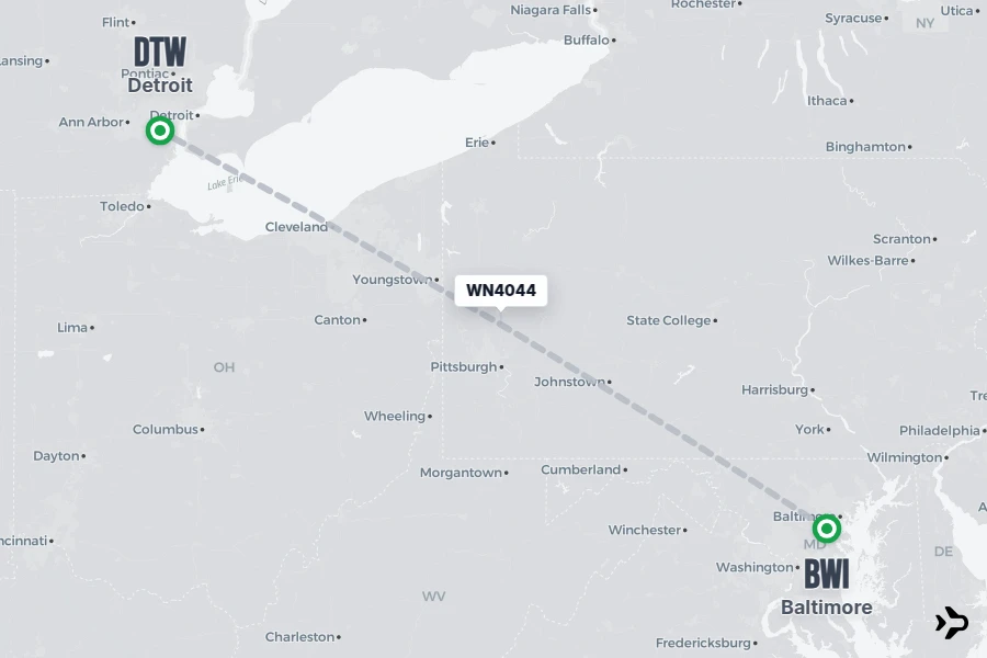 WN4044 flight map from BWI to DTW