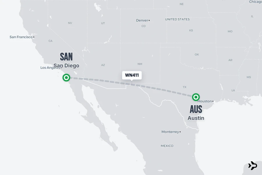 WN411 flight map from AUS to SAN