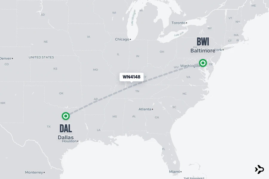WN4148 flight map from BWI to DAL