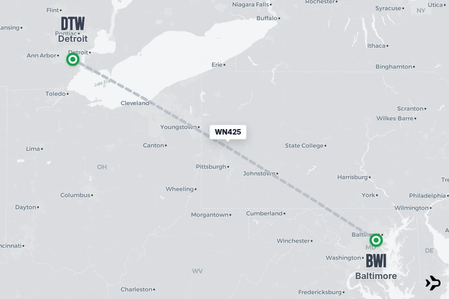 WN425 flight map from BWI to DTW