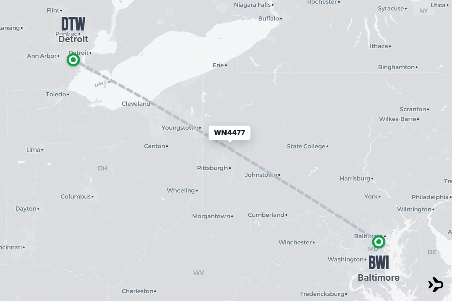 WN4477 flight map from BWI to DTW