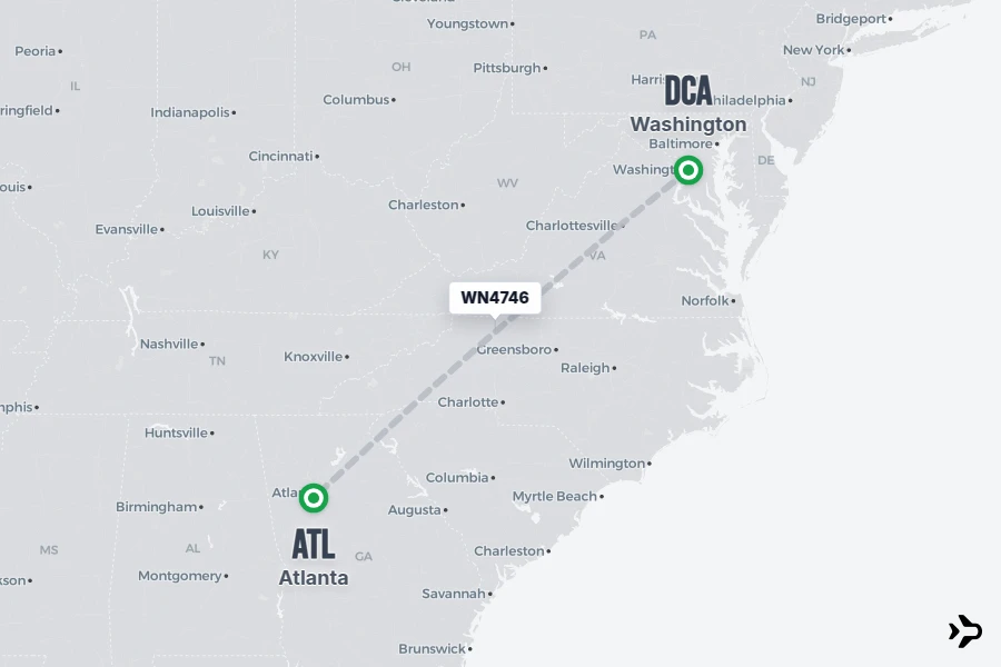 WN4746 flight map from DCA to ATL