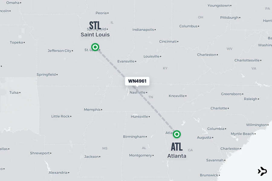 WN4961 flight map from STL to ATL