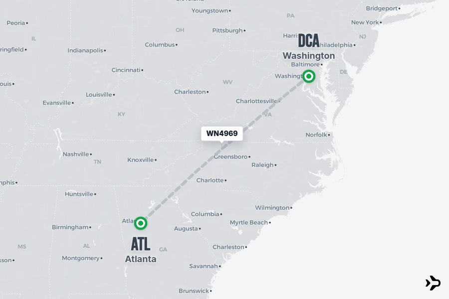 WN4969 flight map from DCA to ATL