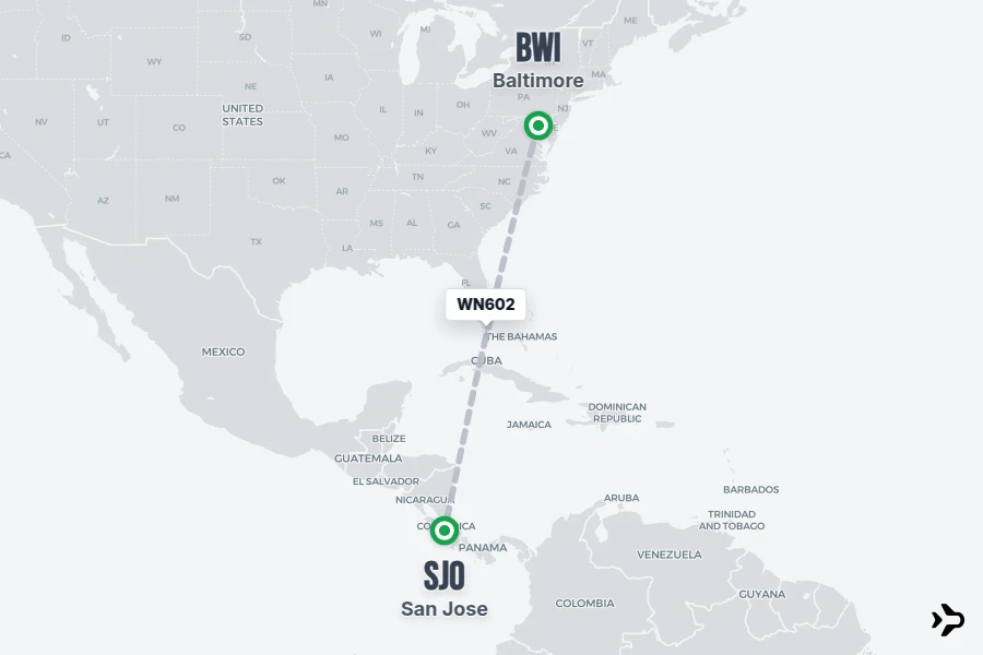 WN602 Southwest Flight Status & Tracker | BWI - SJO