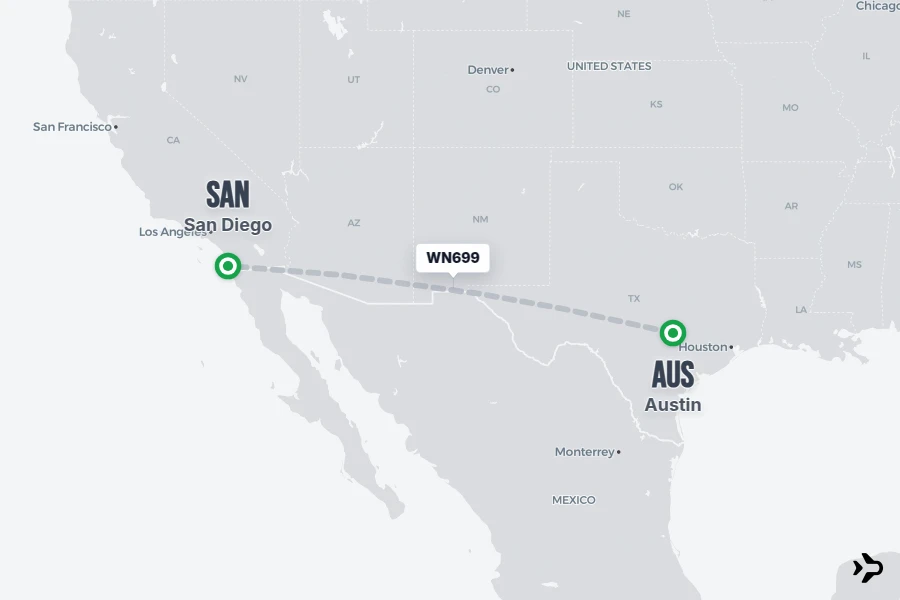 WN699 flight map from AUS to SAN