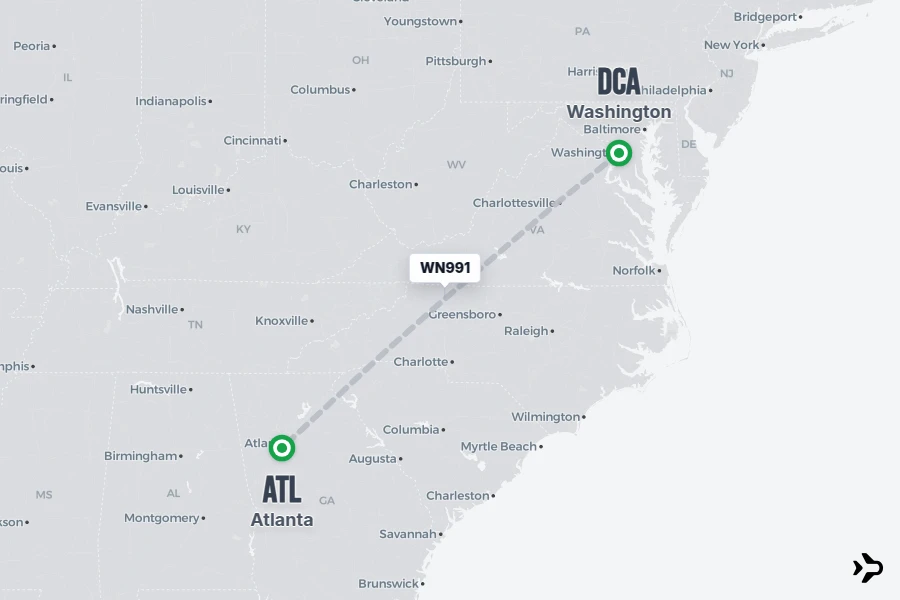 WN991 flight map from DCA to ATL
