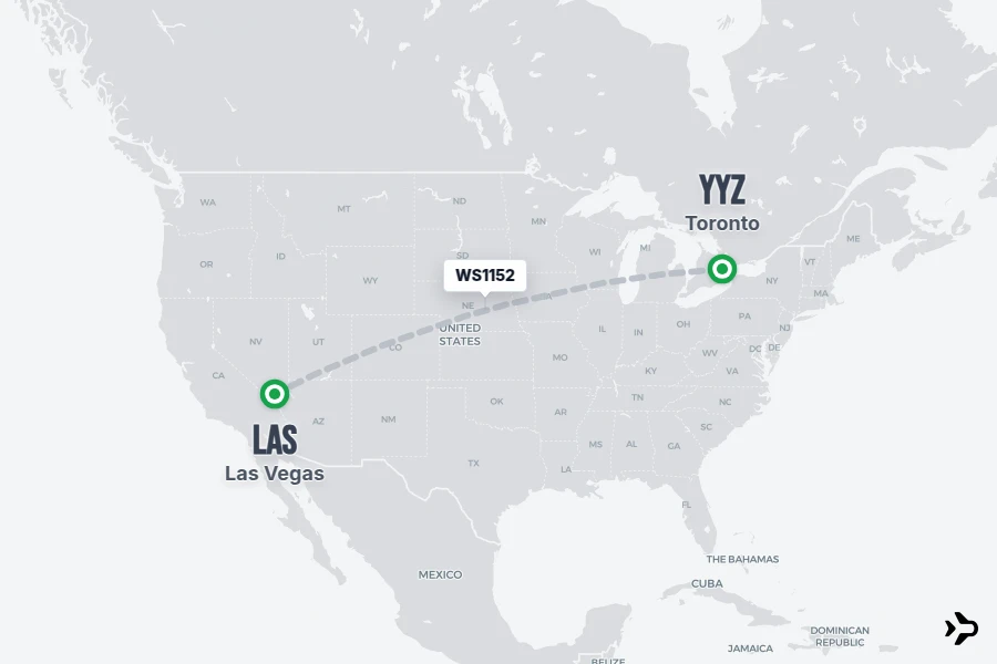 WS1152 flight map from YYZ to LAS