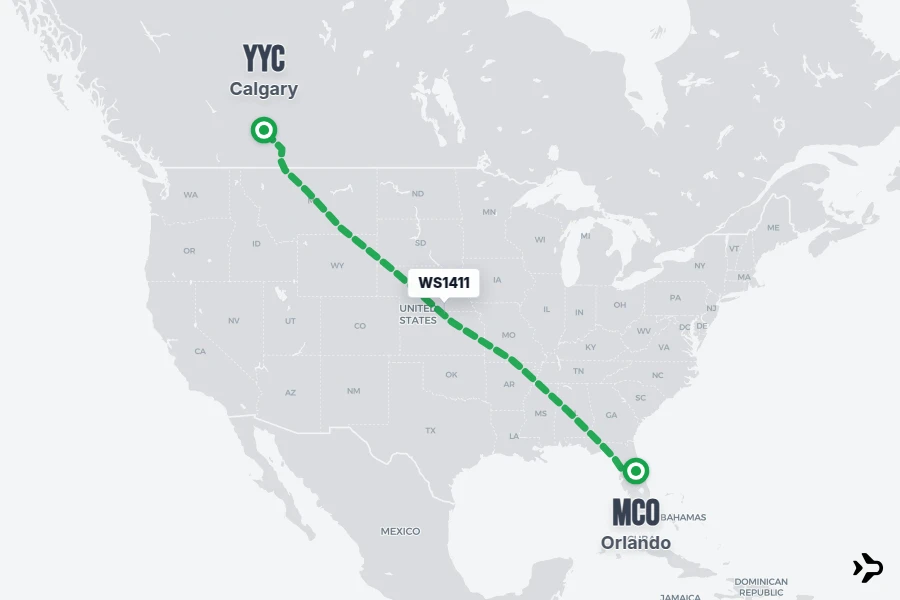WS1411 flight map from MCO to YYC