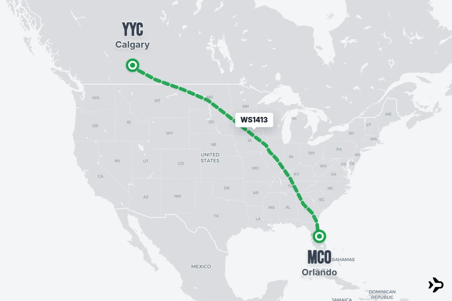 WS1413 flight map from MCO to YYC