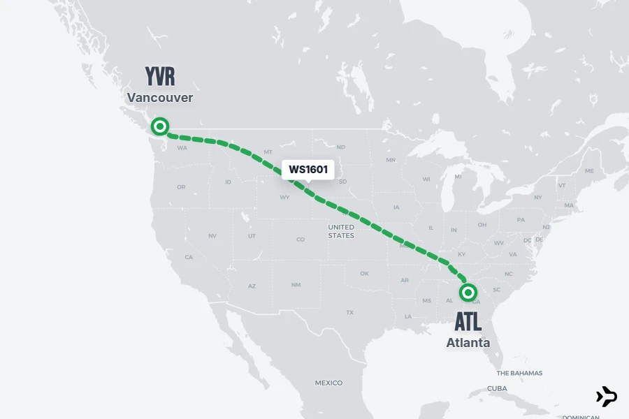 WS1601 flight map from ATL to YVR