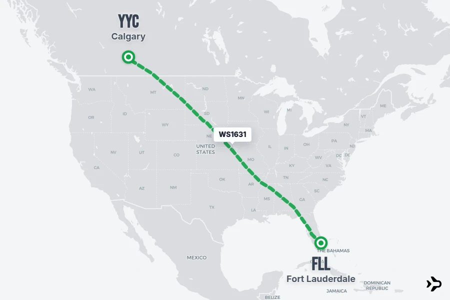 WS1631 flight map from FLL to YYC