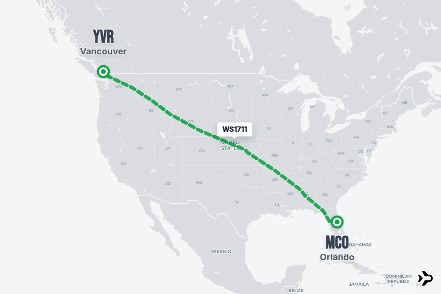 WS1711 flight map from MCO to YVR