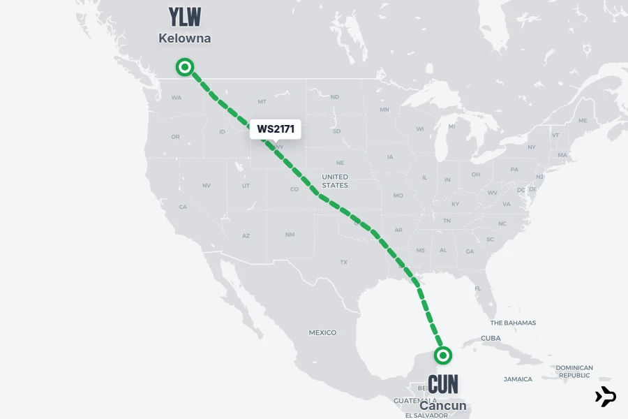 WS2171 flight map from CUN to YLW
