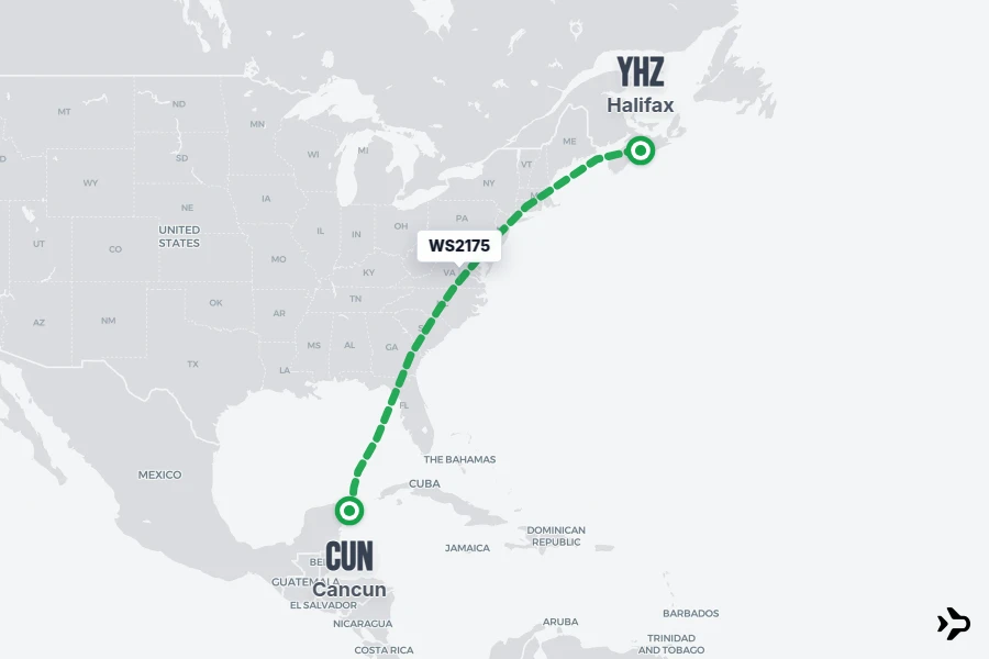 WS2175 flight map from CUN to YHZ