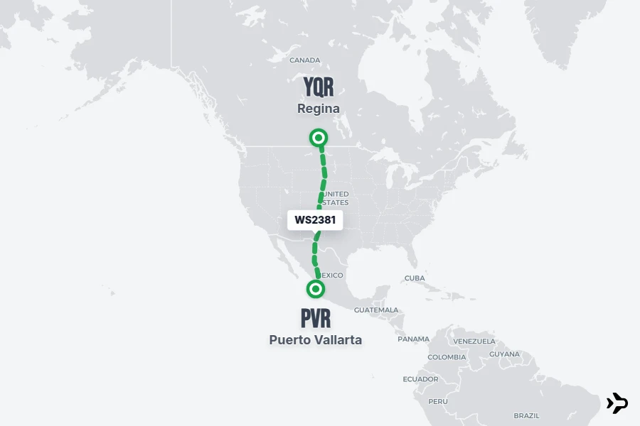WS2381 flight map from PVR to YQR