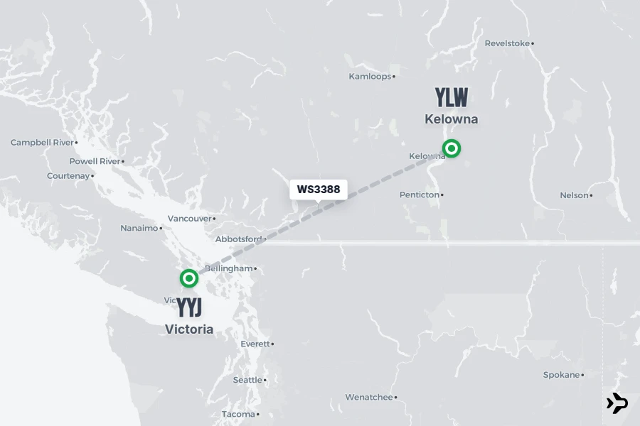 WS3388 flight map from YYJ to YLW