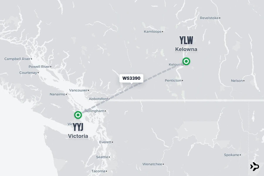 WS3390 flight map from YYJ to YLW