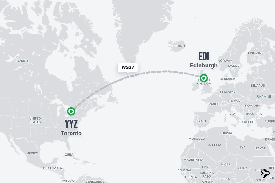 WS37 flight map from EDI to YYZ