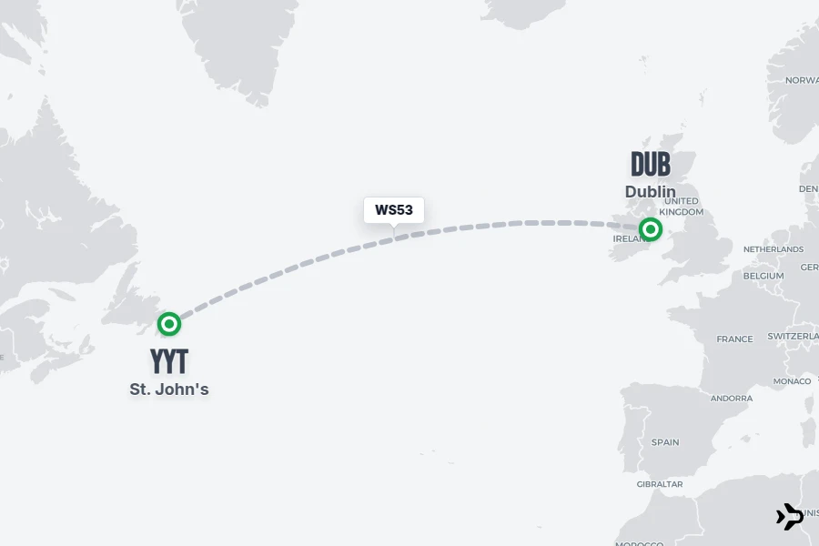 WS53 flight map from DUB to YYT