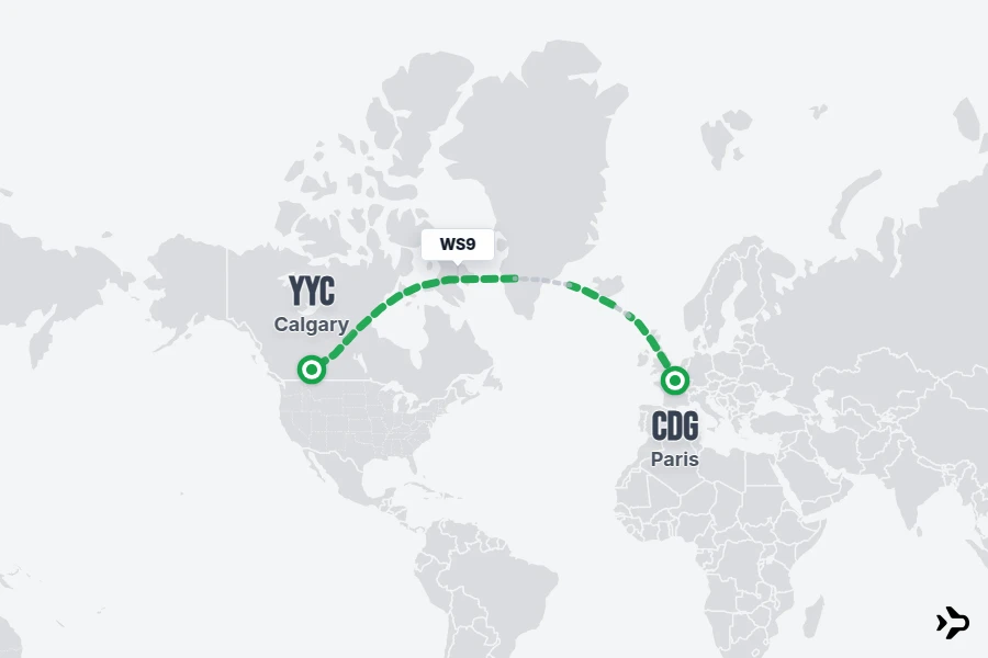 WS9 flight map from CDG to YYC