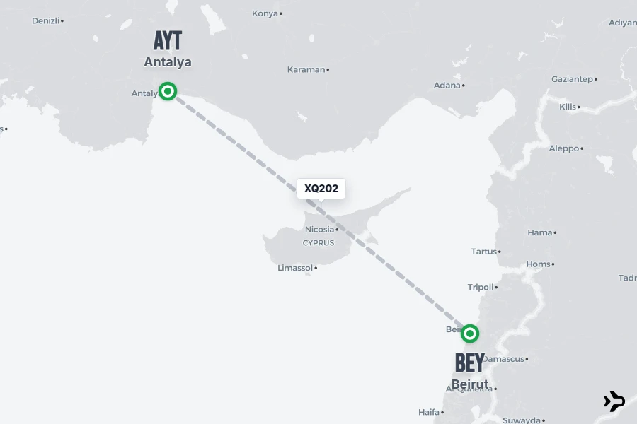 XQ202 flight map from AYT to BEY