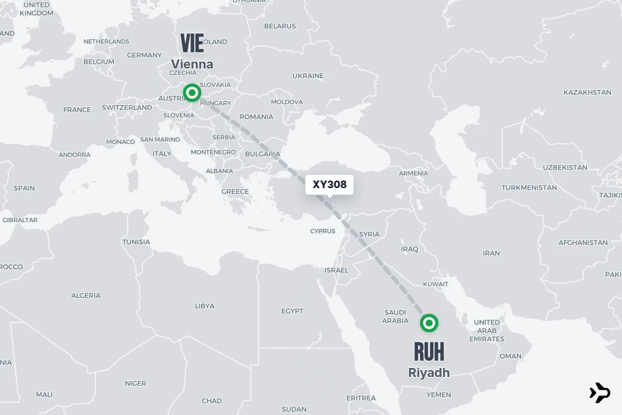 XY308 flight map from VIE to RUH