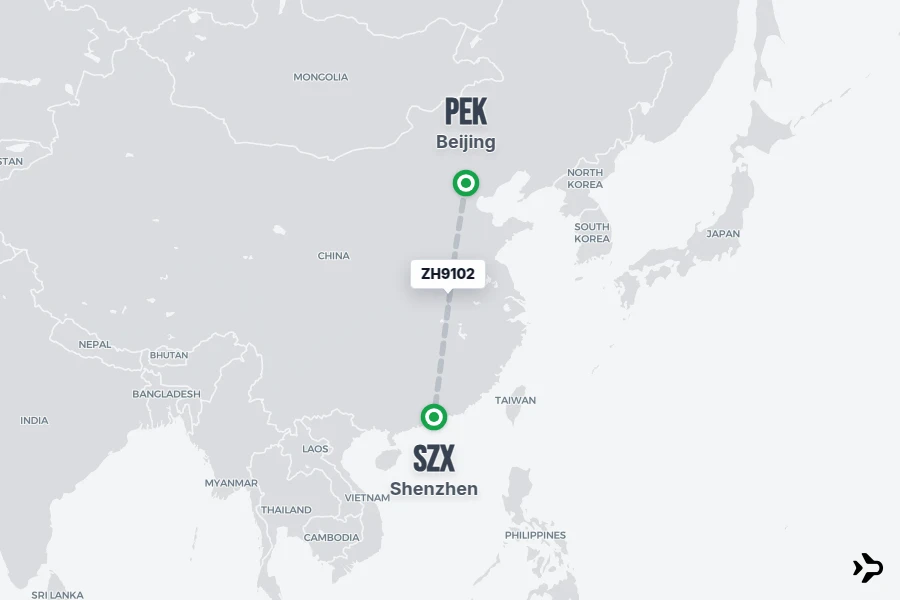 ZH9102 flight map from PEK to SZX