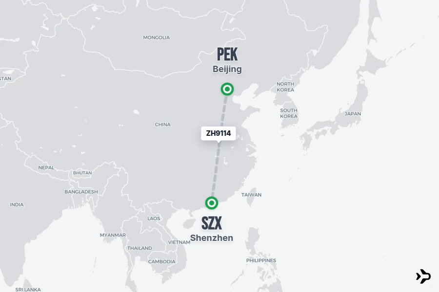 ZH9114 flight map from PEK to SZX
